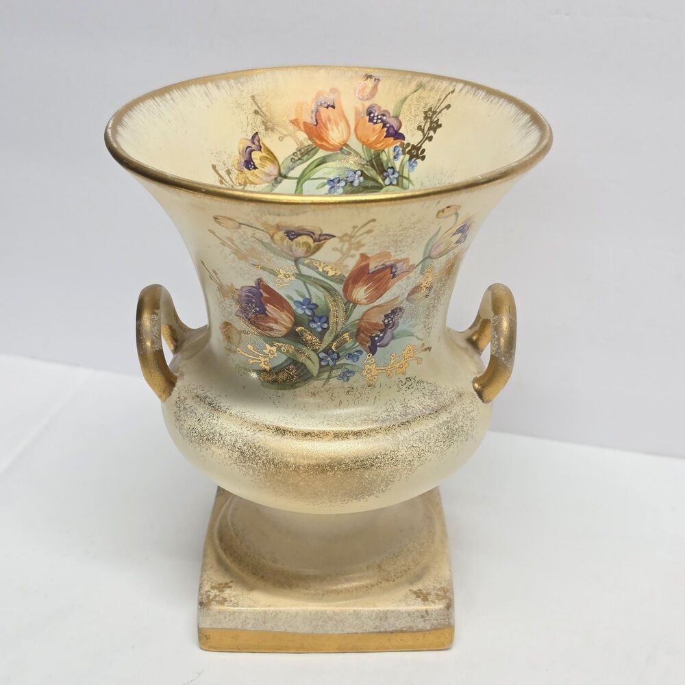 Vintage 40s Red Wing Pottery JB Hudson Hand Painted Handled Floral Vase MCM